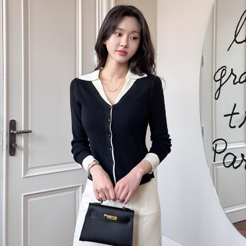 모리스커밍홈 브이넥 카라배색 슬림 가디건_M2504CD601A_이미지