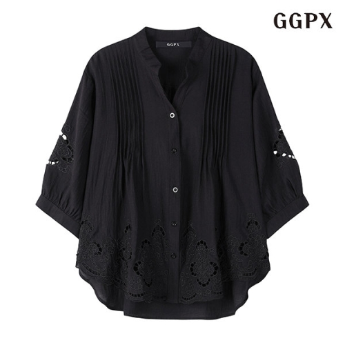 GGPX 여성 플라워 펀칭 트임넥 루즈핏 핀턱 블라우스 GOBBA015D_이미지