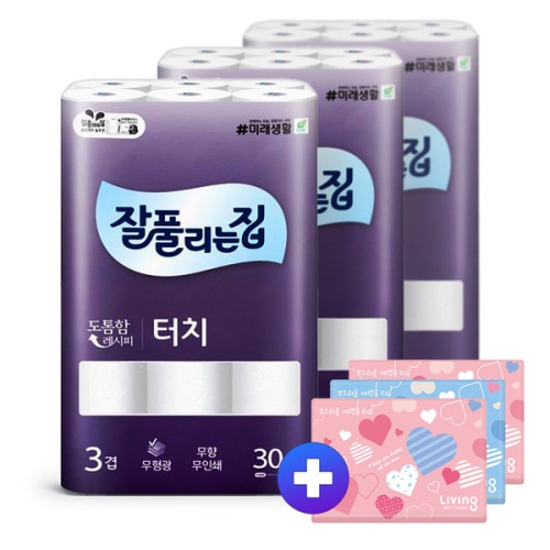 미래생활 잘풀리는집 터치 25m (30롤)*3팩 + 여행용티슈 40매*3팩 세트