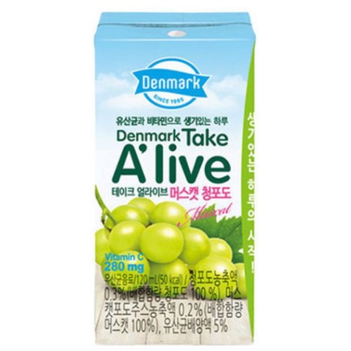 동원F&B 덴마크 테이크 얼라이브 머스캣 청포도 120ml이미지입니다. 누르면 해당 게시물로 새창이동합니다.