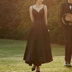 교복몰 블랙 오드리 헵0 복고풍 슬림라인 드레스. WFGQVK4