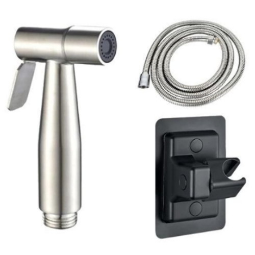 스텐 청소건 실버 + 황동 샤워호스 1.5m + 접착식 거치대 블랙