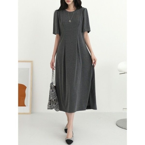 시크루즈 마롬 다트 핀턱 셔링 소매 롱 원피스_BDOG749