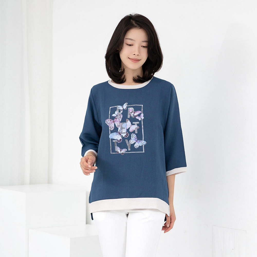 엄마옷 엄마옷 라운드 7부 나비 티셔츠 614HJK115 중년여성/50대/60대/70대/빅사이즈/할머니옷/마담