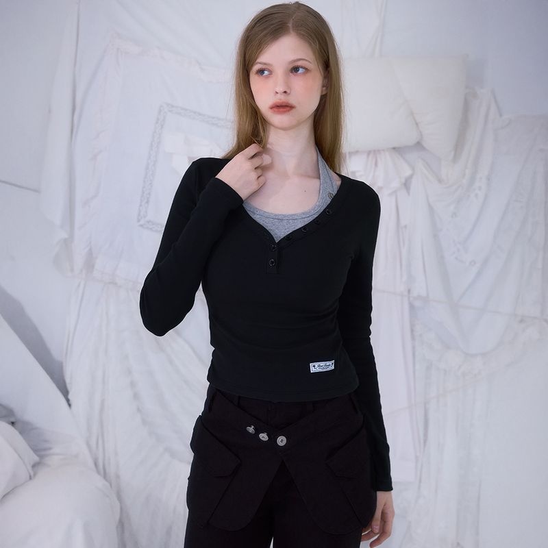 ���������� V-neck Button Long Sleeve Black 3595227 408613