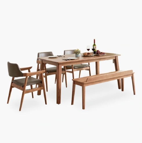 엠하우스 메르헨 원목 식탁 1600 (가죽팔걸이의자3개+벤치1개)