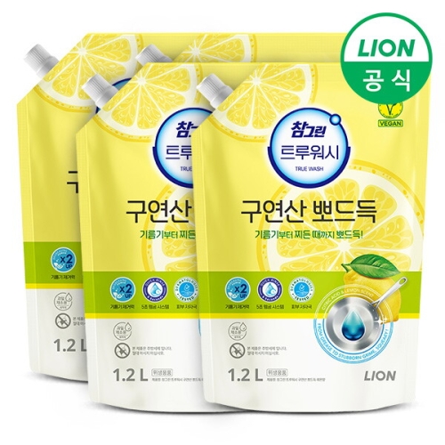 라이온코리아 참그린 트루워시 구연산 뽀드득 레몬향 리필 1.2L (4개)