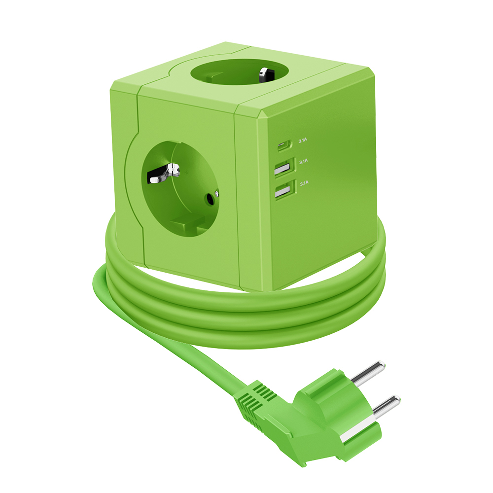 3구 16A USB 고용량 큐브 디자인 멀티탭 라이트그린