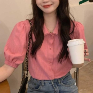  오노마 ONM 퍼프소매 스트라이프 카라 반팔셔츠 블라우스 여친룩 18279755
