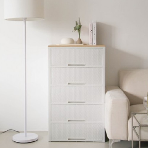 코멧 5단 라탄 우드상판 서랍장 와이드 600