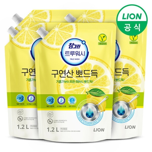 라이온코리아 참그린 트루워시 구연산 뽀드득 레몬향 리필 1.2L (5개)