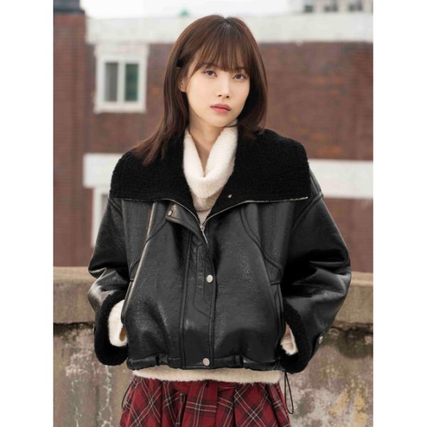 GREEN LAB FAUX 레더 오버사이즈 벨슬리브 무스탕 블랙 438983