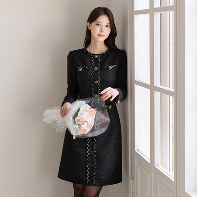 지엔아이컴퍼니 시크라인 레퀴엠 골드 트리밍 포켓 글리터 트위드 원피스 하객룩 모임룩 연말룩 빅사이즈 XL CLOD-O-14 블랙