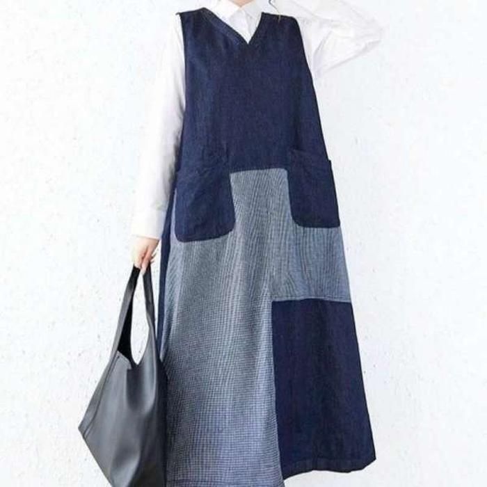 데님 롱 원피스 브이넥 나시 민소매 체크 맥시 청치마 47588662