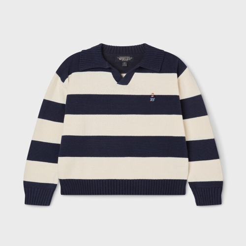 이랜드 후아유 남녀공용 Steve Stripe Open Collar Pullover WHKAG2333U