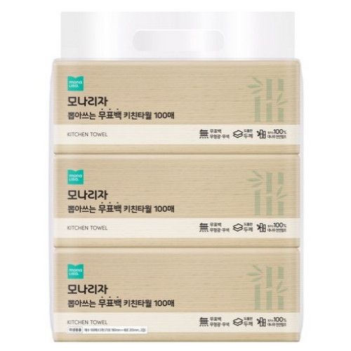 모나리자 뽑아쓰는 무표백 키친타월 100매 (3입) (4팩(12입))