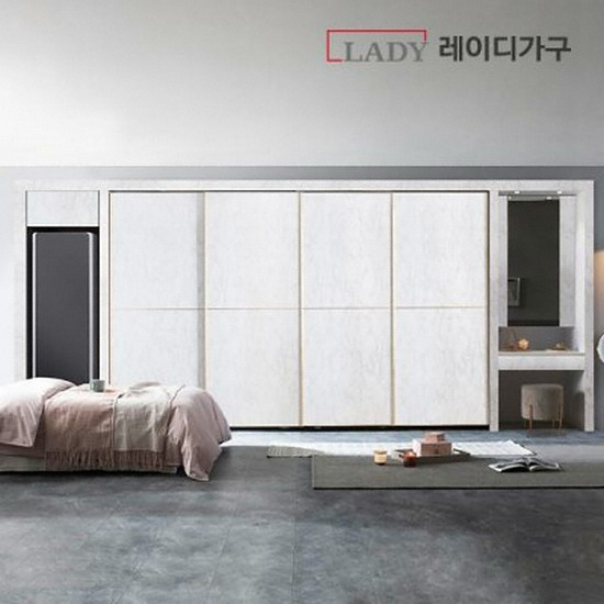 레이디가구 마블 슬라이딩 붙박이장+파우더장+스타일러장 (300cm)