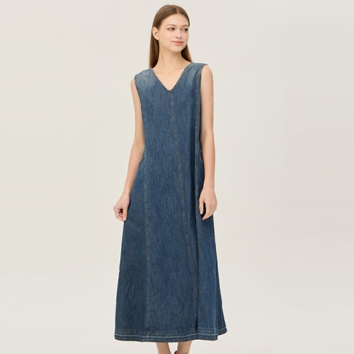 여성 민소매 A 라인 데님 원피스_BAOP13441IN