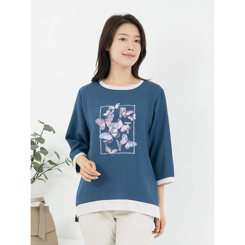 엄마옷 나비 프린팅 배색 라운드 7부 티셔츠 MQG126989 마담 미시 중년여성 빅사이즈 할머니옷 50대 60대 70대