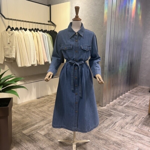 Ab.f.z AOA5HO34G_벨티드 단추 데님 롱 원피스