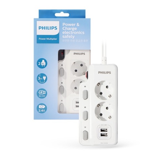 필립스 2구 16A 개별스위치 USB 고용량 멀티탭 (3m)_이미지