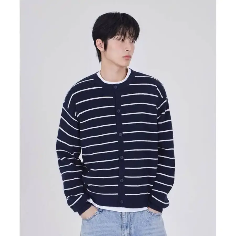굿라이프웍스 GLW 스트라이프 크롭 니트 가디건 네이비 GK21NA 23_이미지