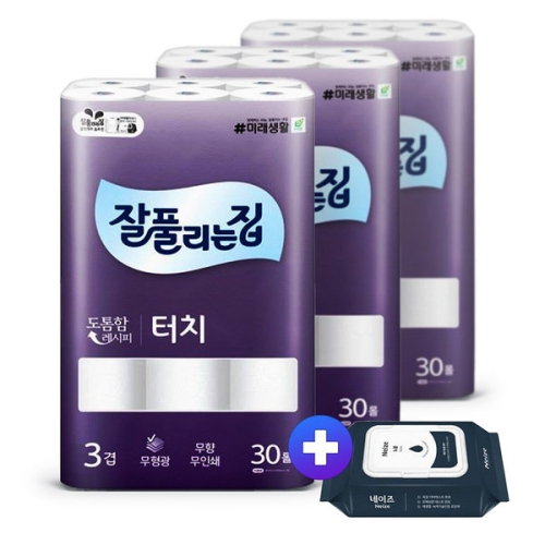 잘풀리는집 터치 25m (30롤)*3팩 + 노블 물티슈 캡형 20매 세트