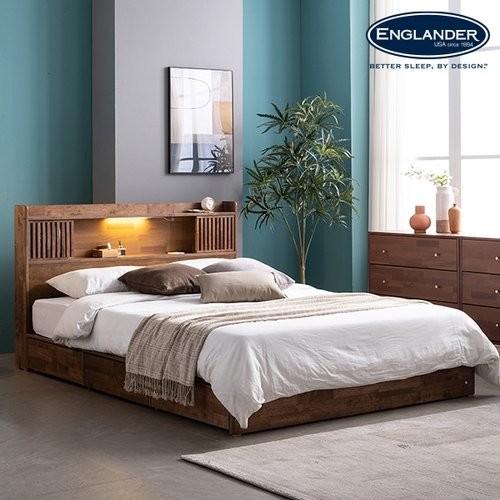 잉글랜더 클림트 월넛 슬라이딩 원목 수납 LED침대 Q (9존독립)_이미지