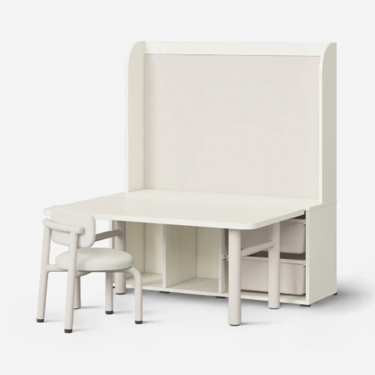  한샘 샘키즈 키즈테이블 스퀘어형+등받이 의자+멀티장 타공판형 세트 [1000x600]