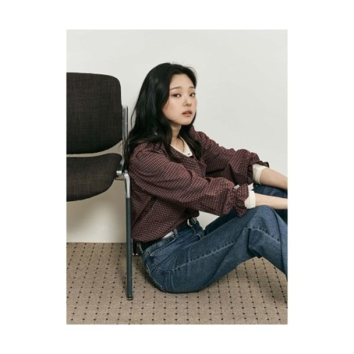 빈폴 B. my 체크 러플넥 블라우스 와인 BF5864N13Z_이미지