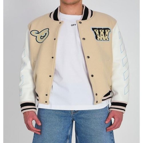 와펜 자수 울 가죽 슬리브 봄버 재킷 OMJA122S26 LE