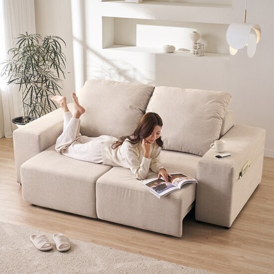 삼익가구 플러셔 쿠션형 구스 모션 슬라이드 확장형 패브릭 소파 3인용