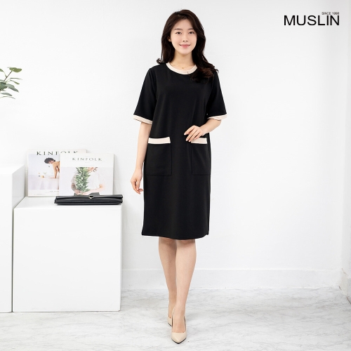 모슬린 엄마옷 배색 라운드 반팔 원피스 OP613421 중년여성/50대/60대/70대/빅사이즈/할머니옷_이미지