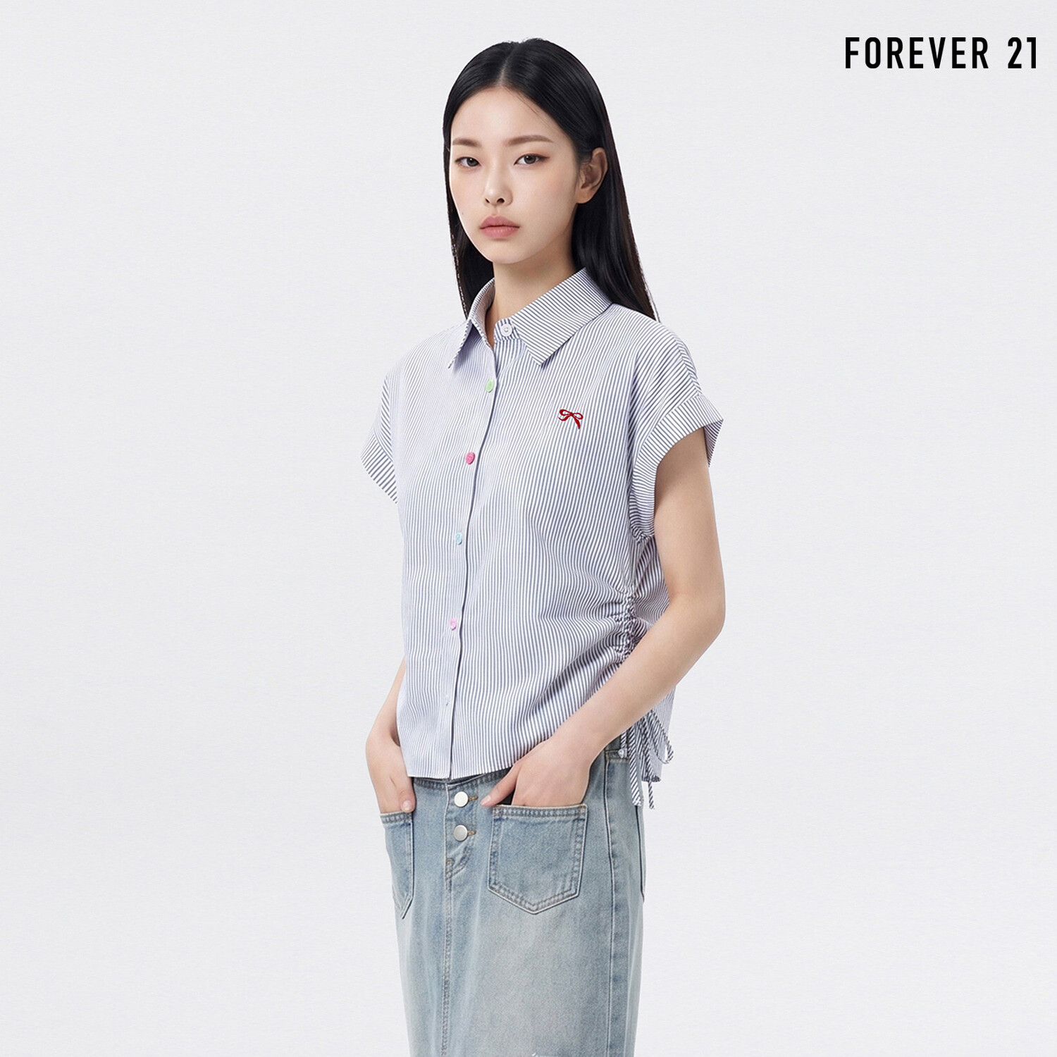  FOREVER21 컬러 버튼 리본 자수 스트링 반팔 블라우스 FTDBBL014