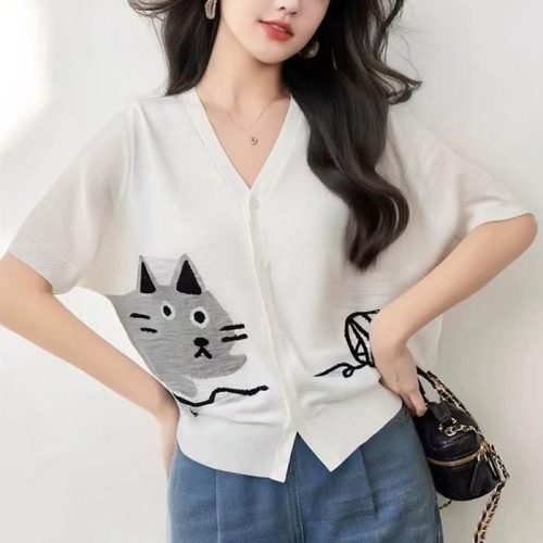 오노마 G126878_고양이 V넥 반팔니트 가디건_이미지