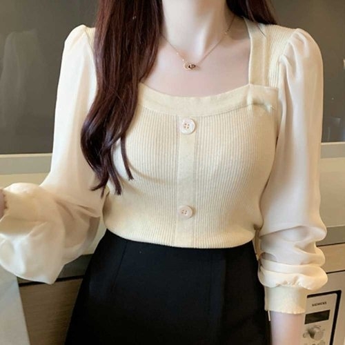 여자 데이트 룩 소개팅 미팅 코디 쉬폰 니트 블라우스 WF2D662
