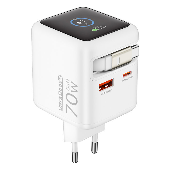 PPS PD 70W 울트라부스트 GaN AI 컬러 액정 케이블 일체형 2포트 충전기 ULTAI70