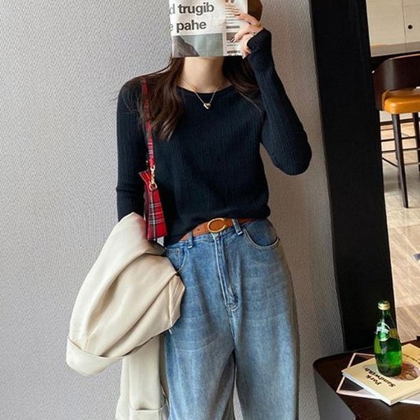 더블디 여성 심플 골지 오버핸드 라운드넥 티셔츠 TDN-0111 40363412A