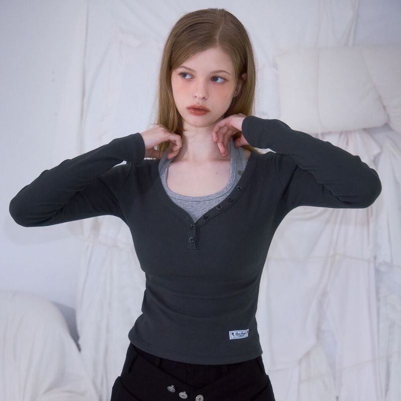 ���������� V-neck Button Long Sleeve Charcoal 3595232 407977