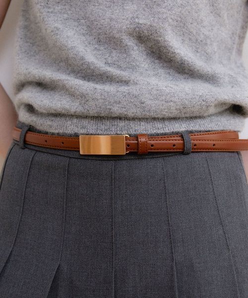 �ҷ� minimal gold buckle cowhide leather belt T033tan