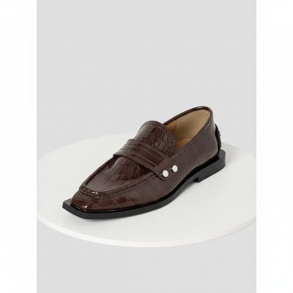 가니 GANNI Studs Square Toe Loafer Shiny Croco Brown 713872