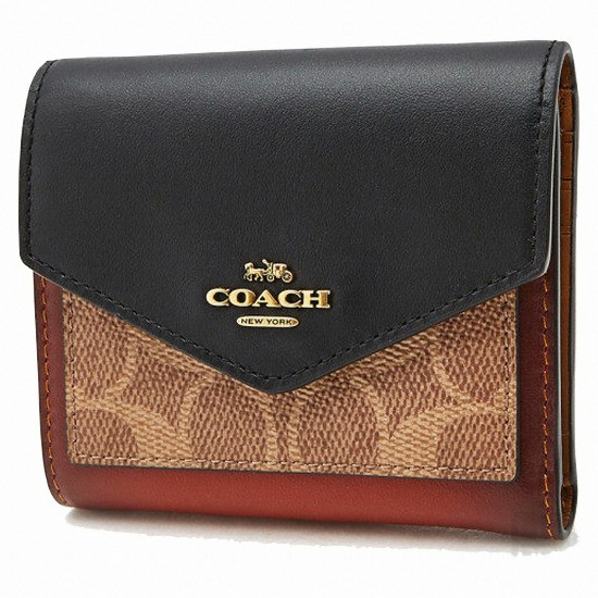 코치 컬러블럭 시그니처 반지갑 32610 B4 TAN BLACK