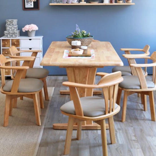 베스트리빙 오츠카 우드슬랩 고무나무 원목 식탁 1600 (회전의자6개)_이미지