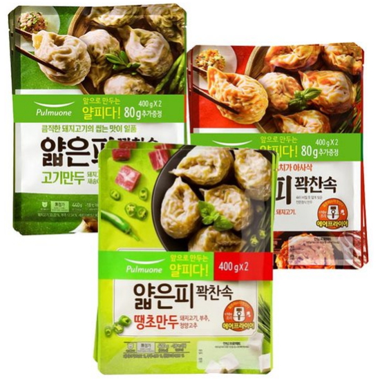 풀무원 얇은피 꽉찬속 고기만두 400g x 2개 + 얇은피 꽉찬속 김치만두 400g x 2개 + 얇은피 꽉찬속 땡초만두 400g x 2개 (1개)_이미지