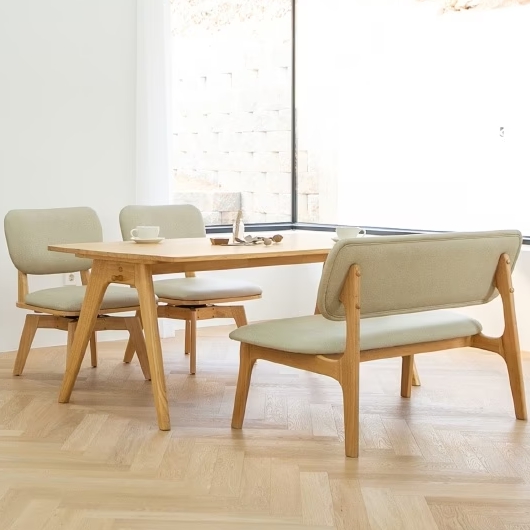 헤닝 마이홈3 회전의자 원목 낮은 식탁 1400 (의자2개+벤치1개)_이미지