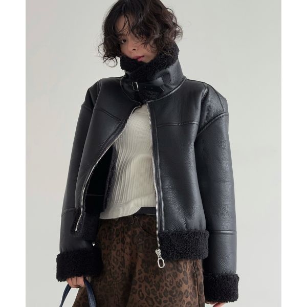 GREEN LAB FAUX 퍼 하이넥 무스탕 쟈켓 올 블랙 438780