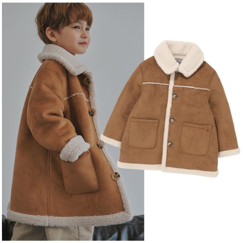 2 BZ61CT01CM 아동 공용 카멜 베이지 에코퍼 무스탕 코트 초등 겨울