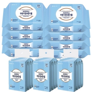 유한킴벌리 크리넥스 마이비데 클린케어 화장실용 물티슈 캡형 46매 + 리필형 10매 (캡8팩,리필12팩)