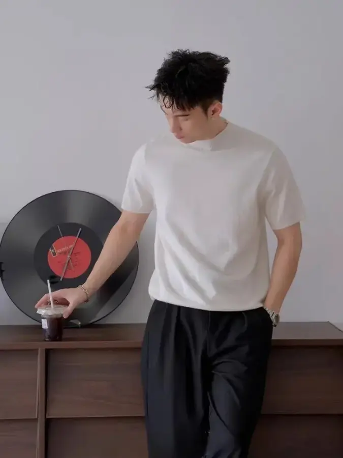 남성 블랙 반폴라 니트 반팔 티 여름 얇은 스판 상의 C06Z2Q 원픽2_이미지