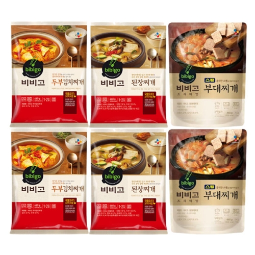CJ제일제당 비비고 찌개 3종 6개 두부김치 x2개 된장찌개 2개 스팸부대찌개 2개 1세트 1.42kg